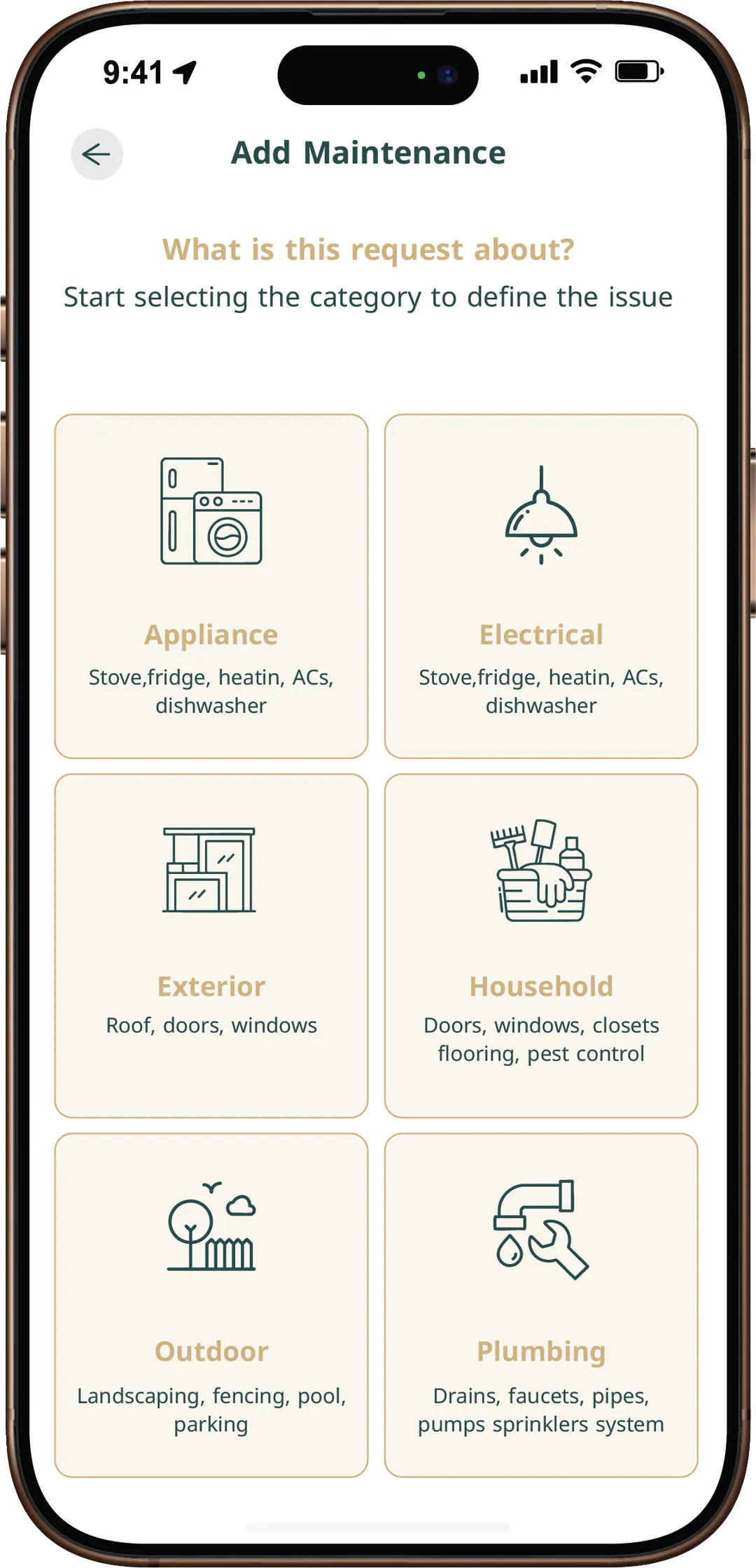 iPhone showing the Mullak+ maintenance request categories