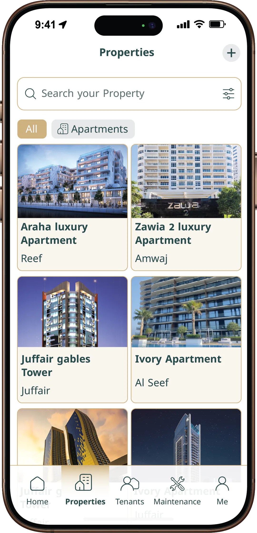 iPhone showing the Mullak+ properties list