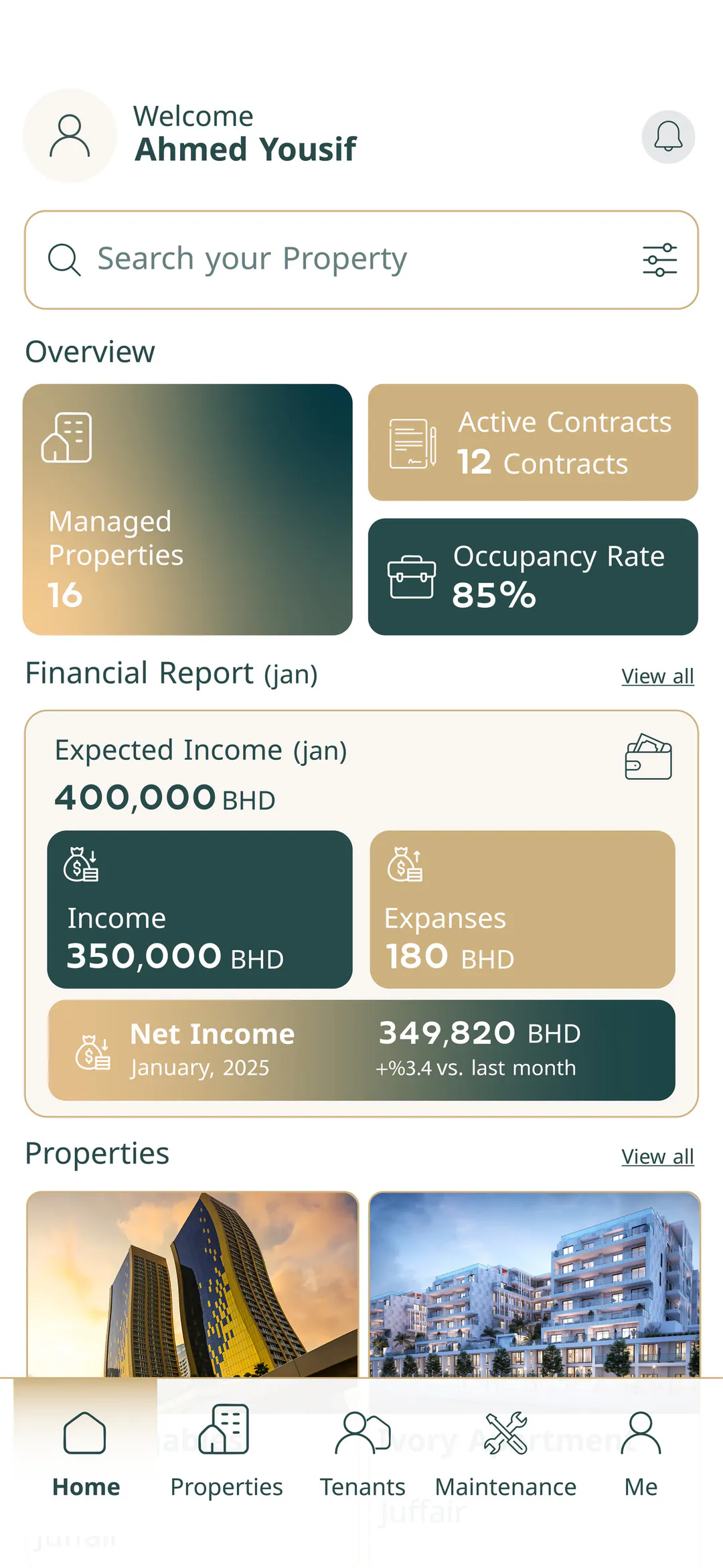 Mullak+ owner dashboard: managed properties, active contracts, occupancy rate and monthly financial report