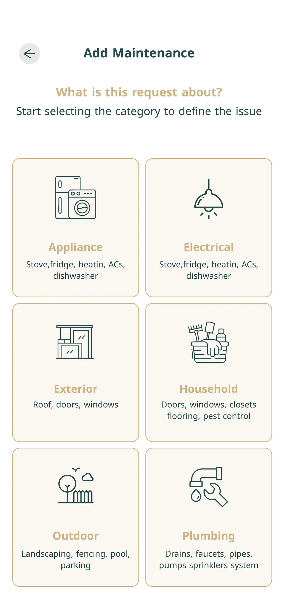 Mullak+ maintenance request screen: choose appliance, electrical, exterior, household, outdoor or plumbing