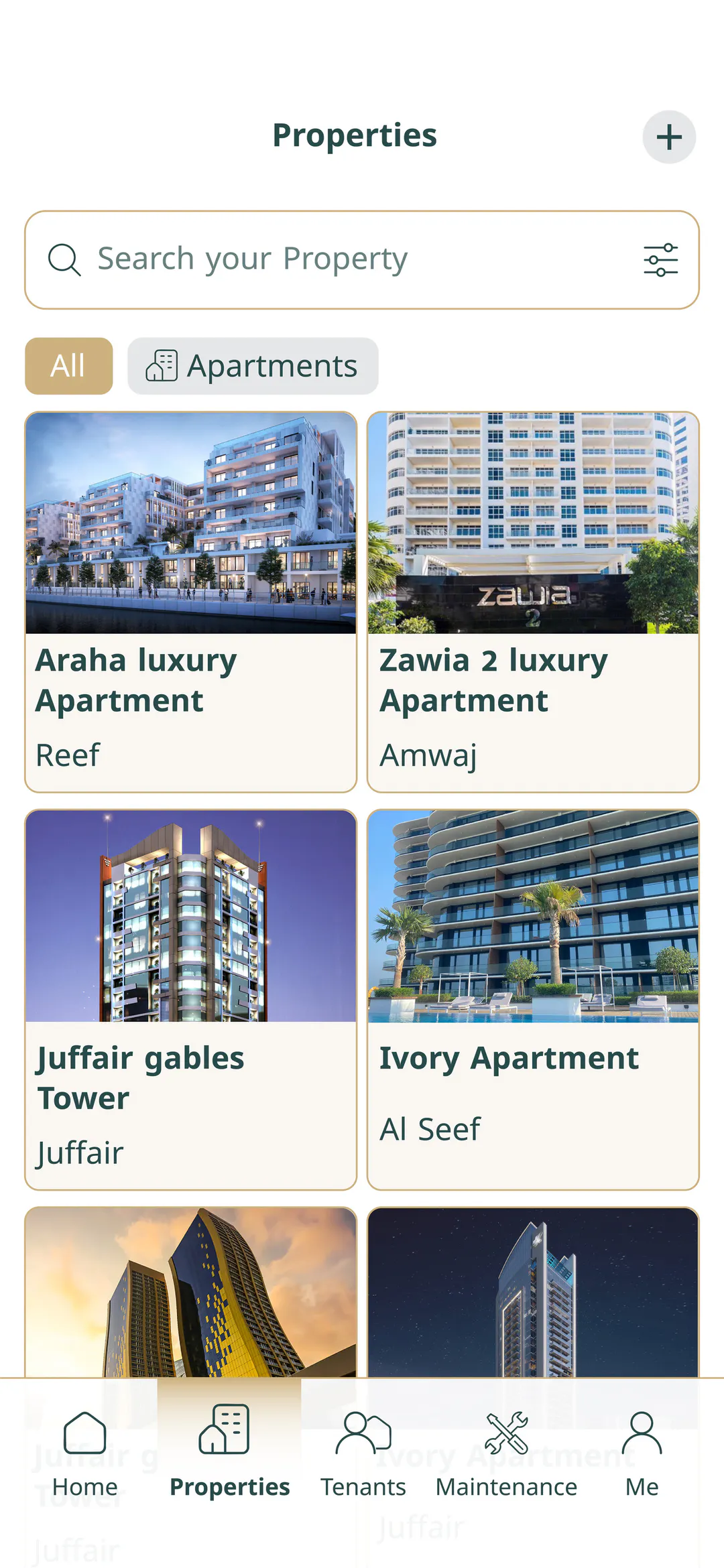 Mullak+ properties list with apartments and towers across Bahrain
