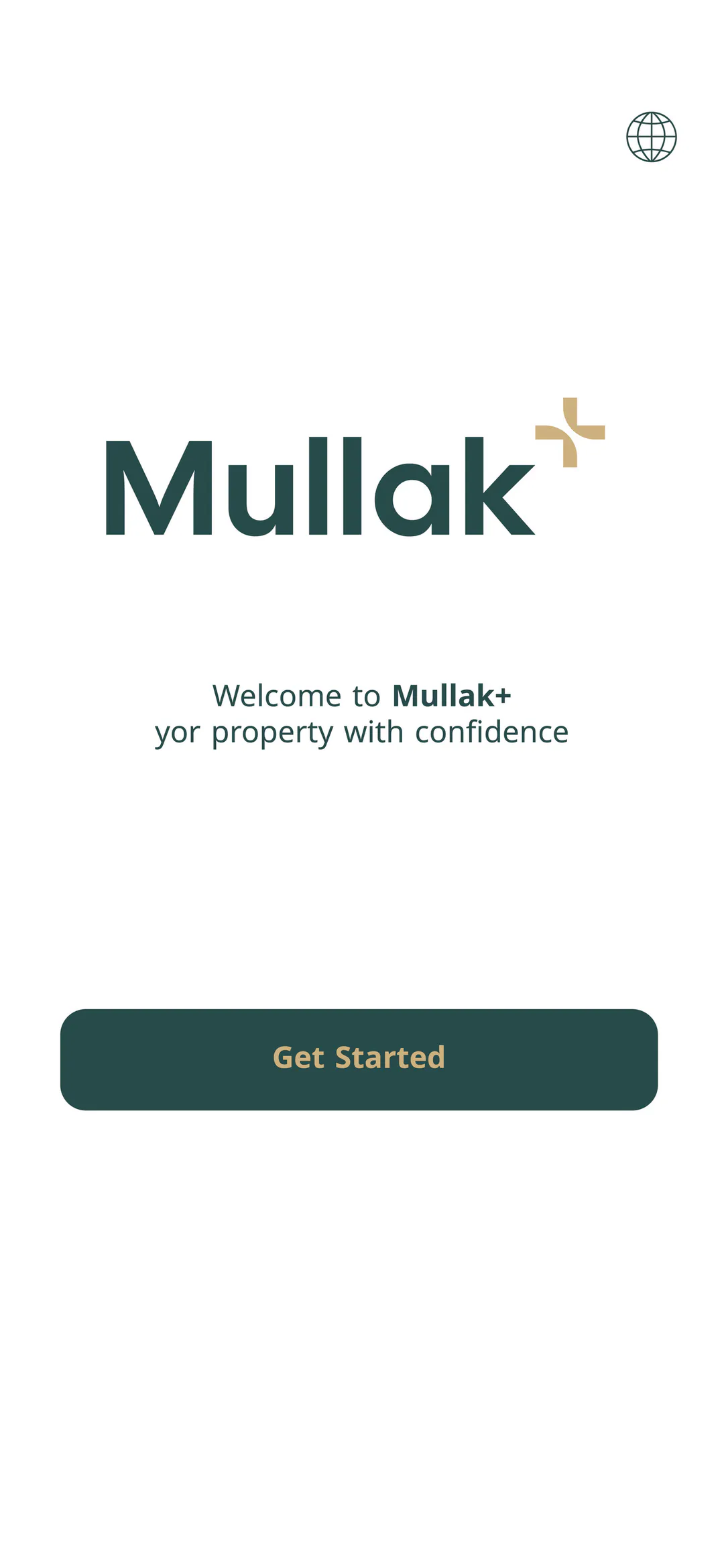 Mullak+ app welcome screen with the Get Started button