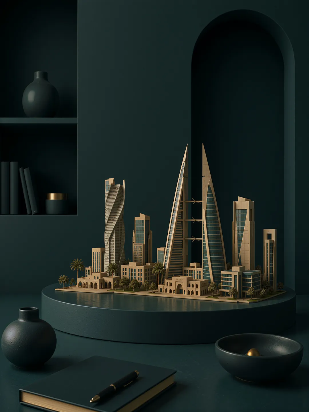 Gold scale model of the Manama skyline, including the Bahrain World Trade Center, on a round teal plinth in an arched niche