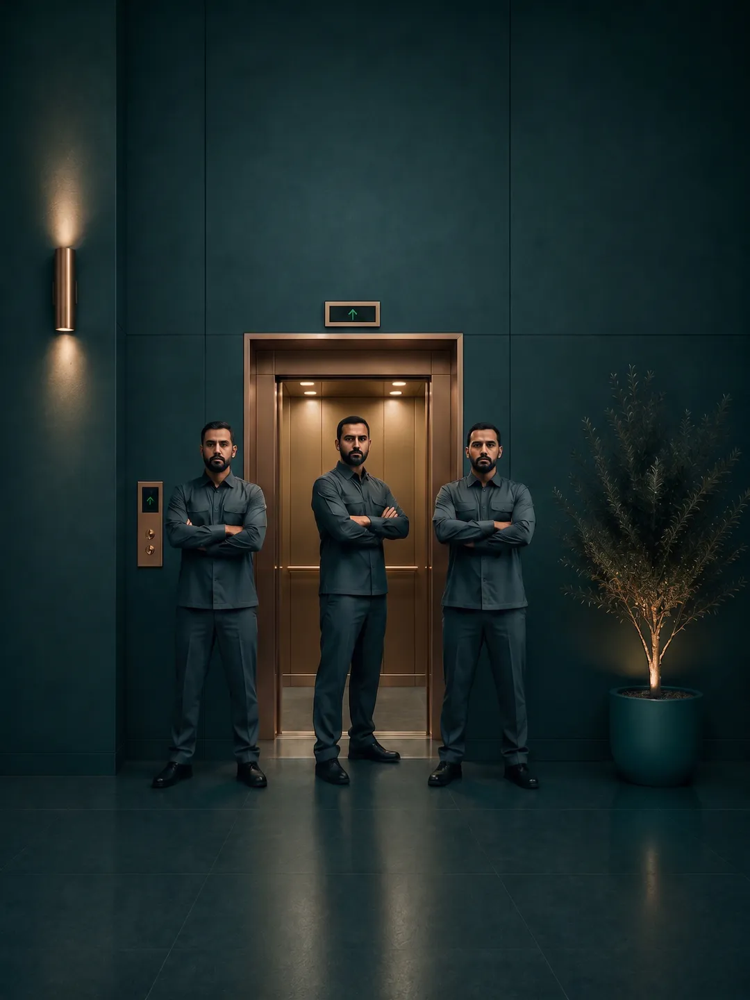 Three-member facility management team in uniform standing with arms crossed in front of an open brass lift
