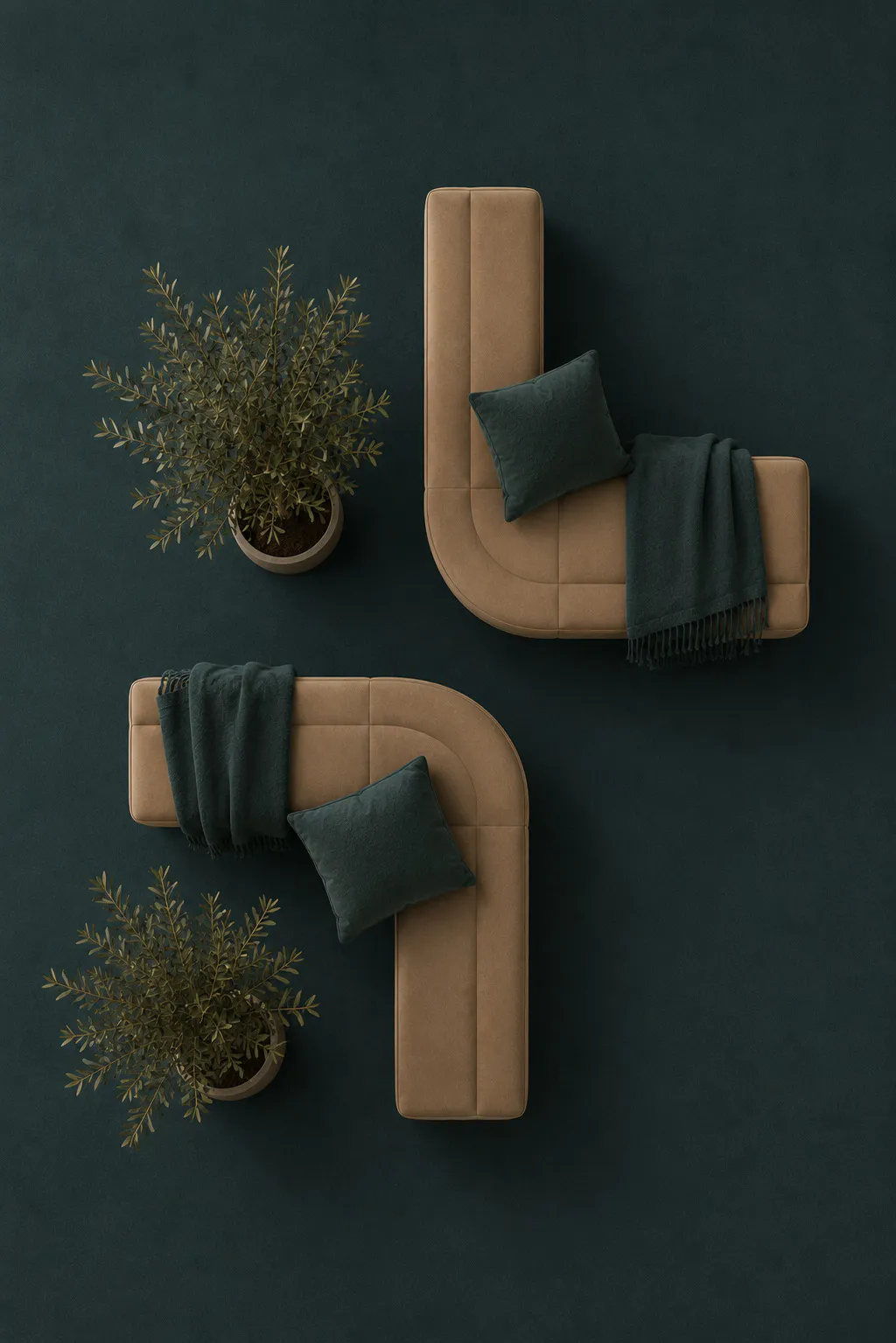 Two L-shaped camel sofas with teal cushions forming the Mullak+ plus mark, seen from above between olive trees
