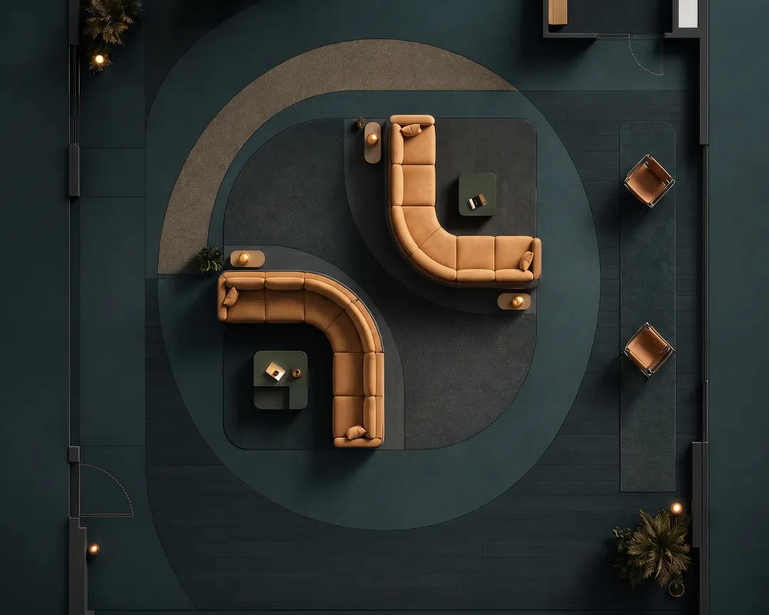 Top-down view of a teal lounge where two curved camel sofas form the Mullak+ plus mark on arc-patterned rugs