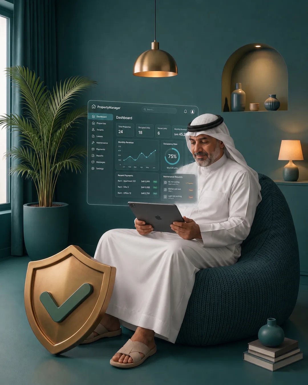 Owner on a teal beanbag using a tablet beside a floating holographic property dashboard and a gold shield