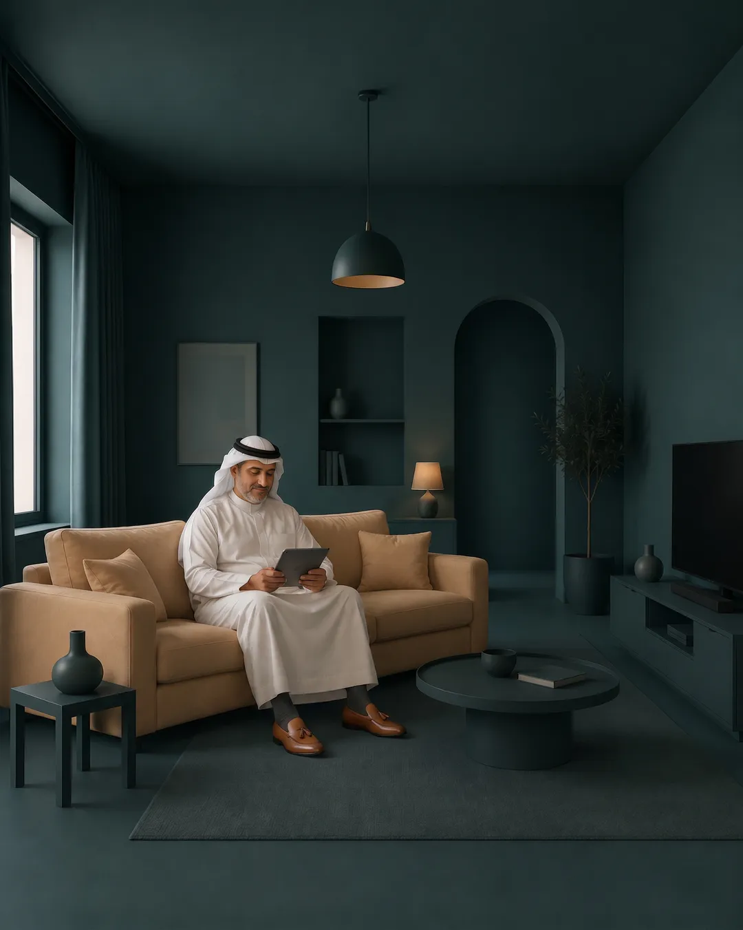 Property owner in a white thobe and ghutra managing his properties on a tablet from a camel sofa in a minimalist teal living room
