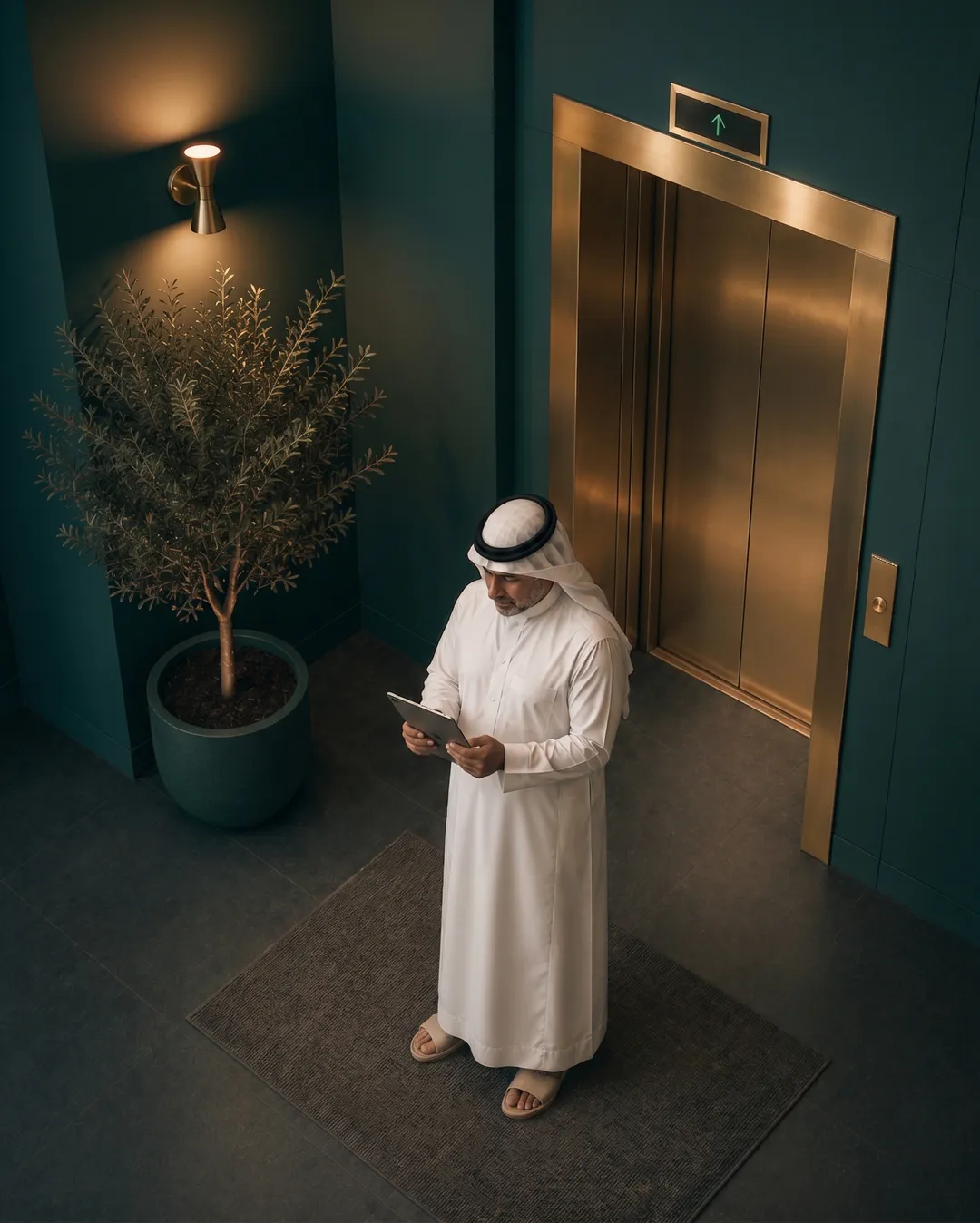 High-angle view of a property owner in a white thobe reviewing his portfolio on a tablet in a teal lobby
