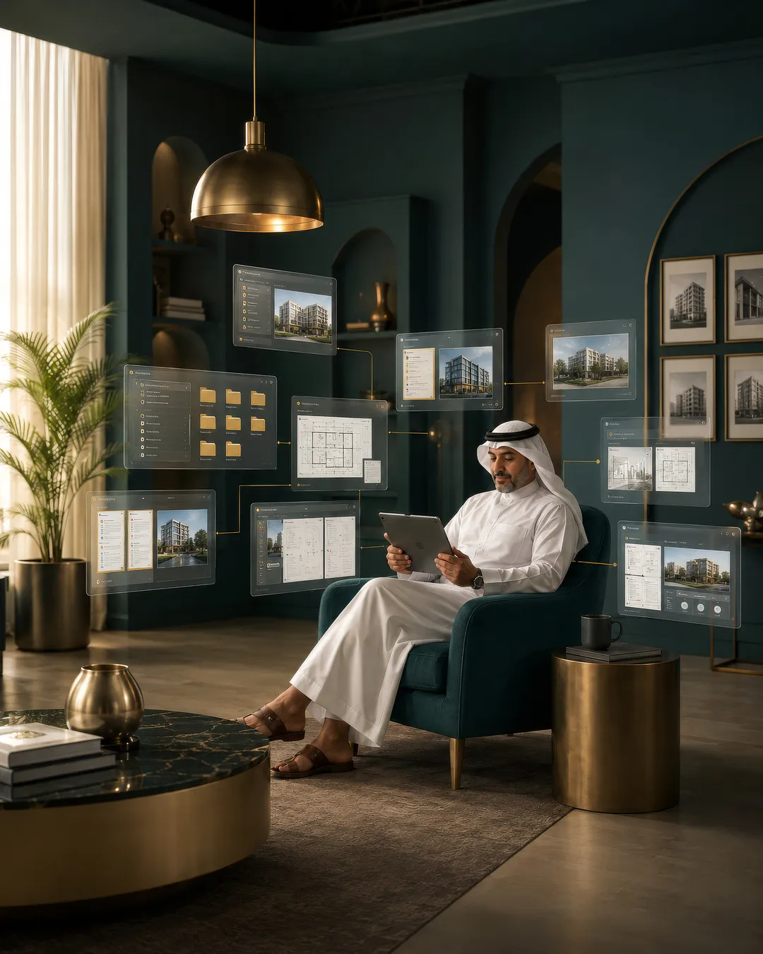 Owner in a teal armchair reviewing his portfolio on a tablet amid holographic panels of buildings, floor plans and documents