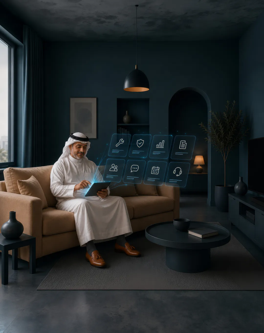 Owner on a sofa tapping a tablet as holographic service icons for maintenance, reports, contracts, tenants and support float beside him