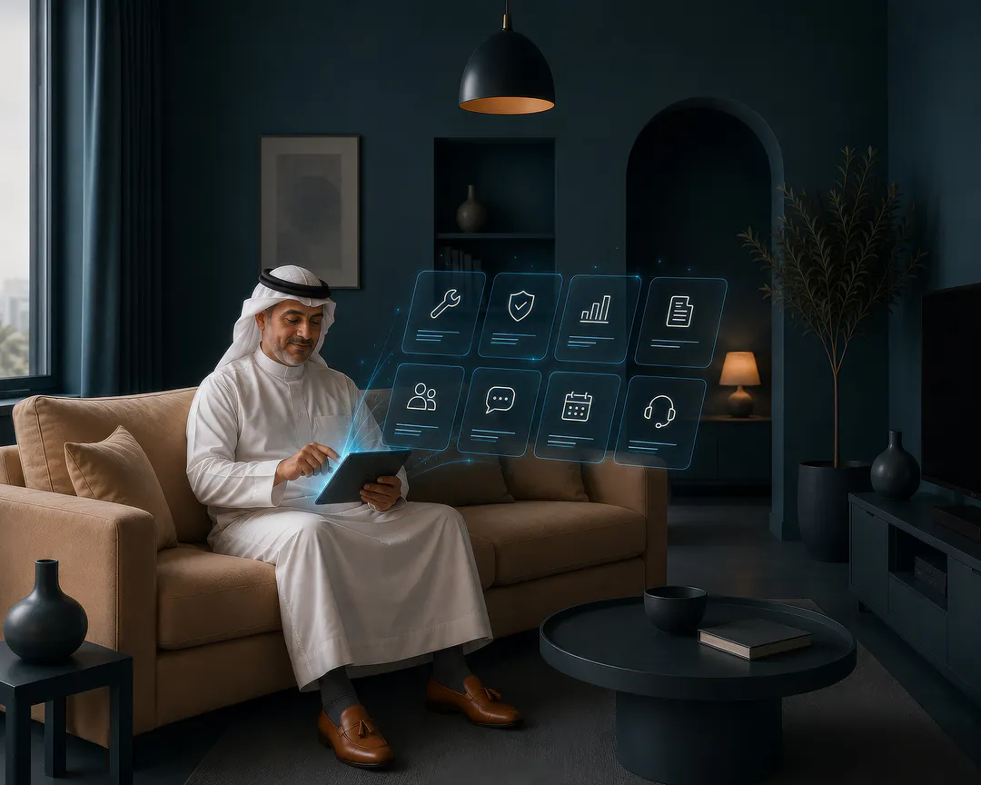 Owner in a teal living room using a tablet as holographic Mullak+ service icons float above it
