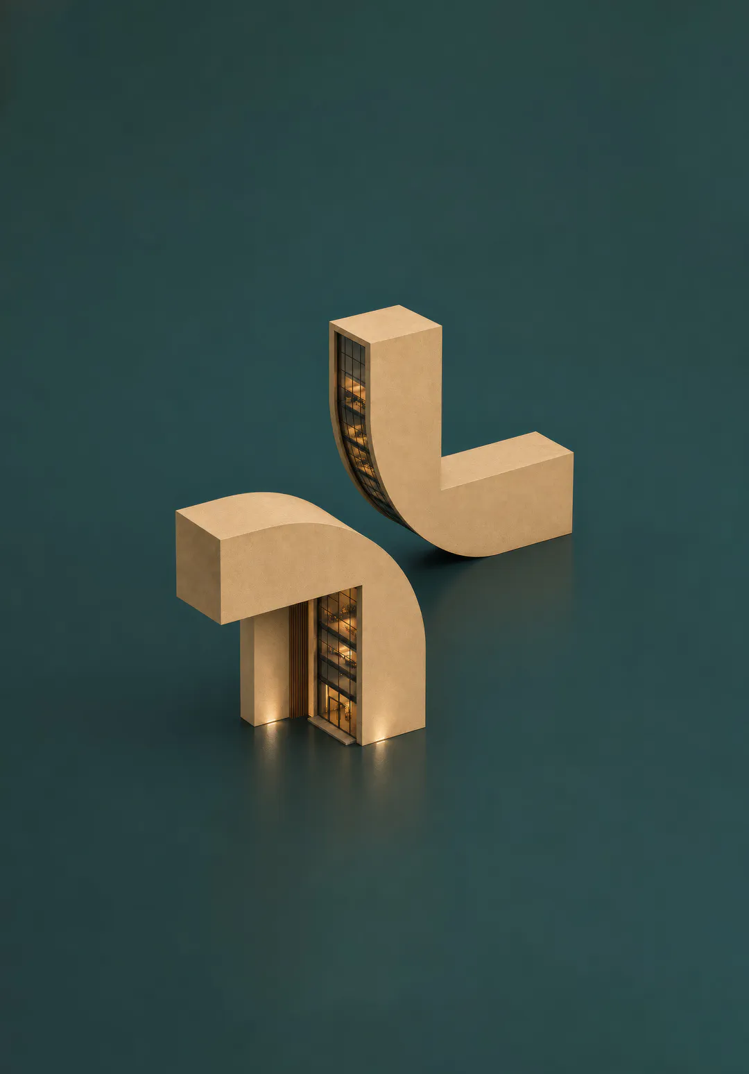 The Mullak+ plus mark as two gold architectural blocks with lit interiors on a deep teal floor