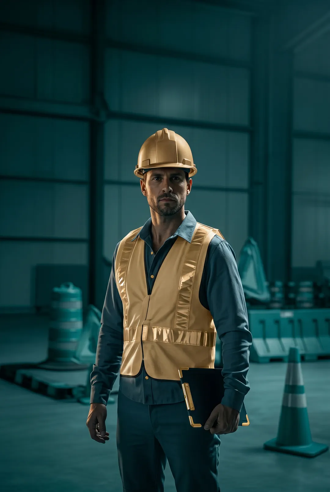 Site engineer in a gold hard hat and safety vest holding a clipboard on a construction site