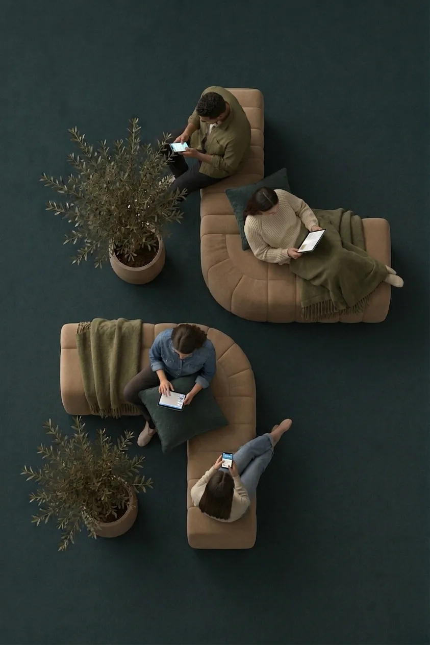 Top-down view of four colleagues working on phones, tablets and a laptop across two L-shaped sofas forming the plus mark