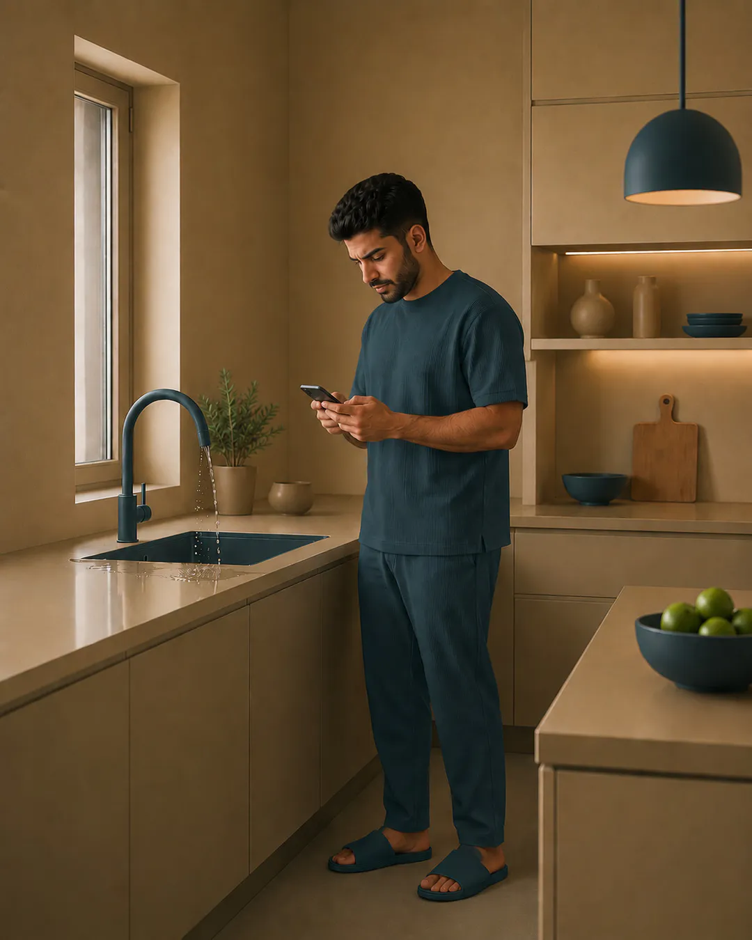 Tenant typing a maintenance request on his phone next to a dripping tap in a warm beige kitchen