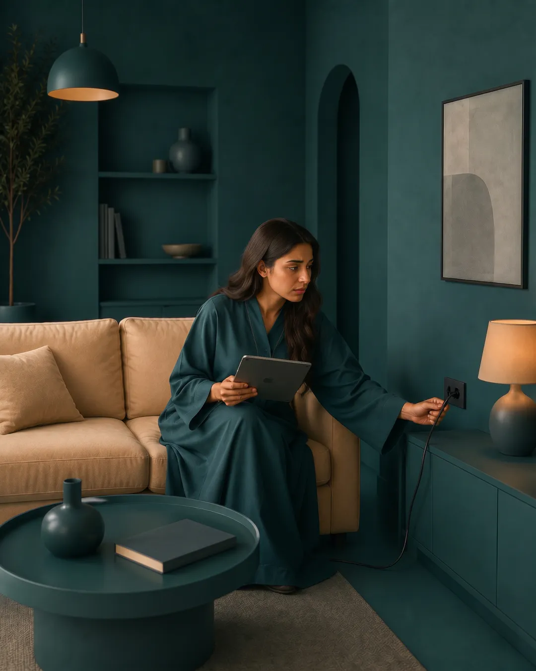 Tenant on a camel sofa holding a tablet while checking a wall socket in a teal living room